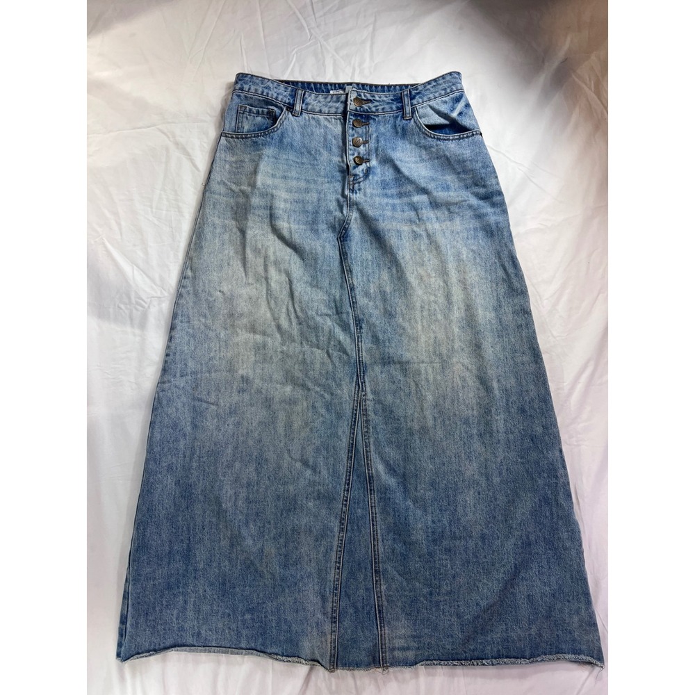 The Main Street Exchange Denim Maxi Skirt Light Wash Button Fly Raw Hem Size 12